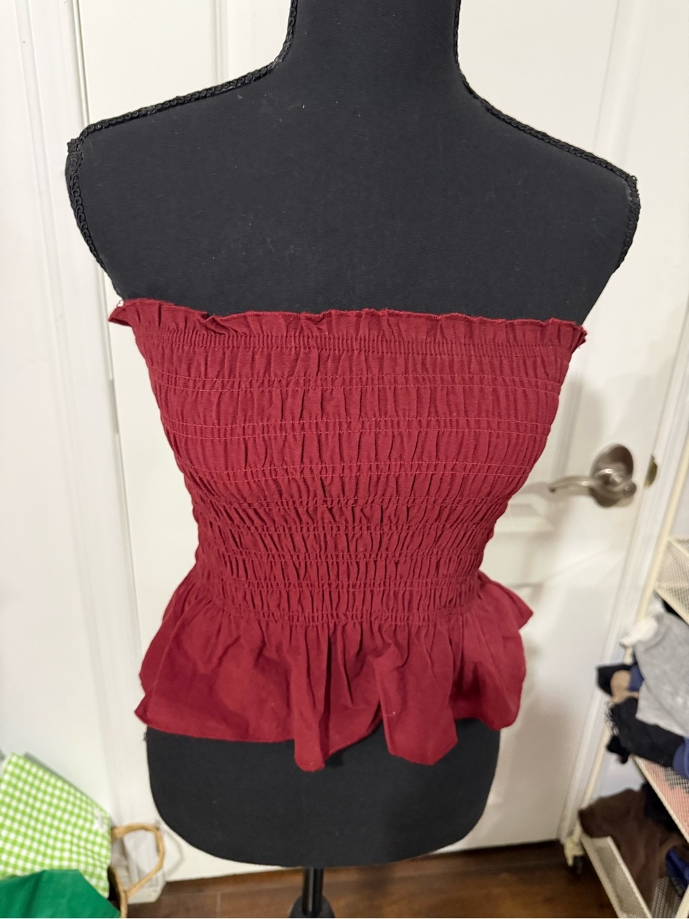 Streetwear Society Burgundy Smocked Strapless Peplum Crop Top